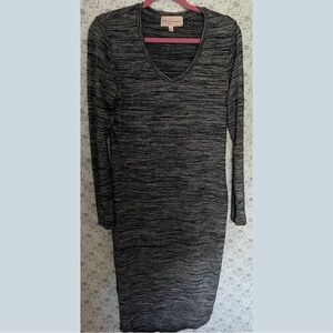 Philosophy Gray and Black Midi Long Sleeve V-Neck Sweater Dress